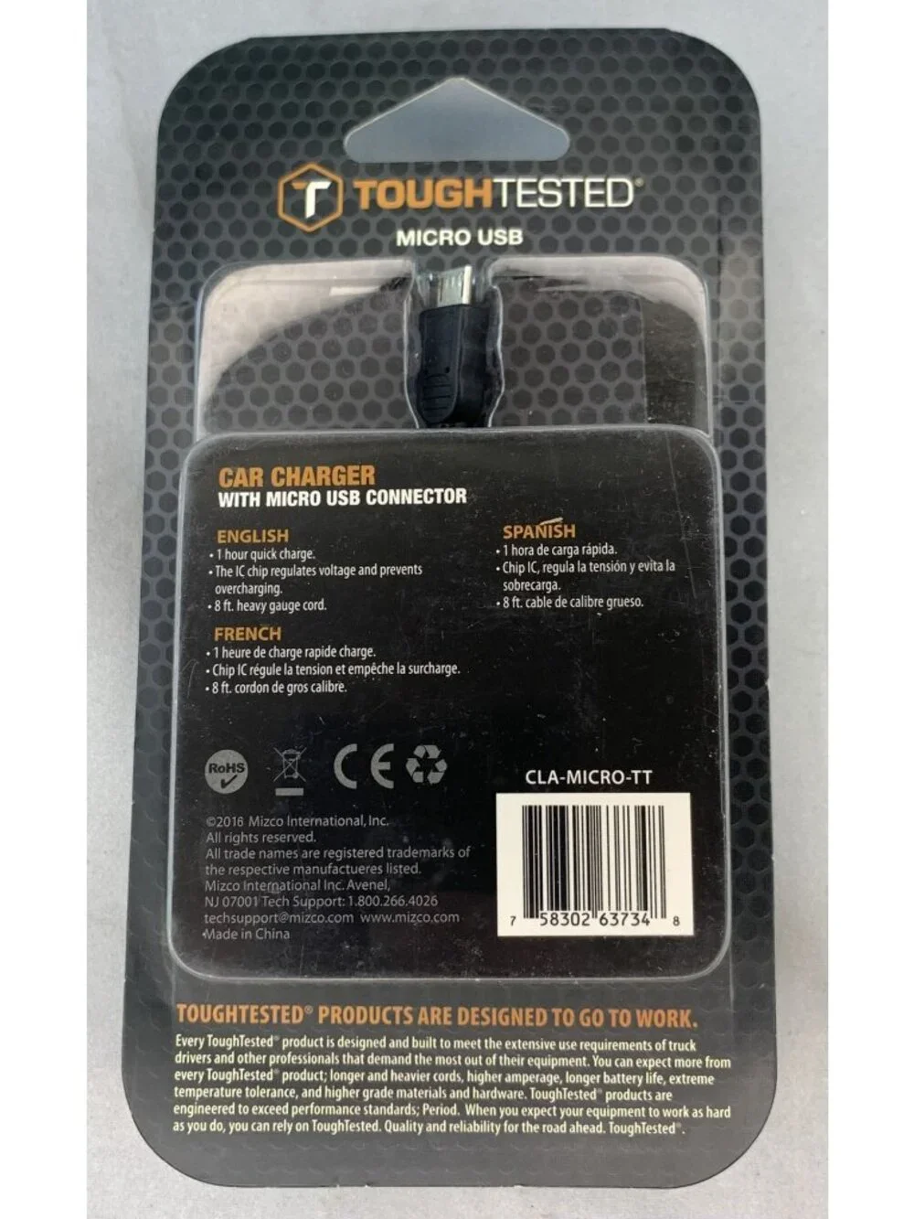 Tough Tested Micro USB Car Charger With Quick Charge and 8 ft Cord NEW